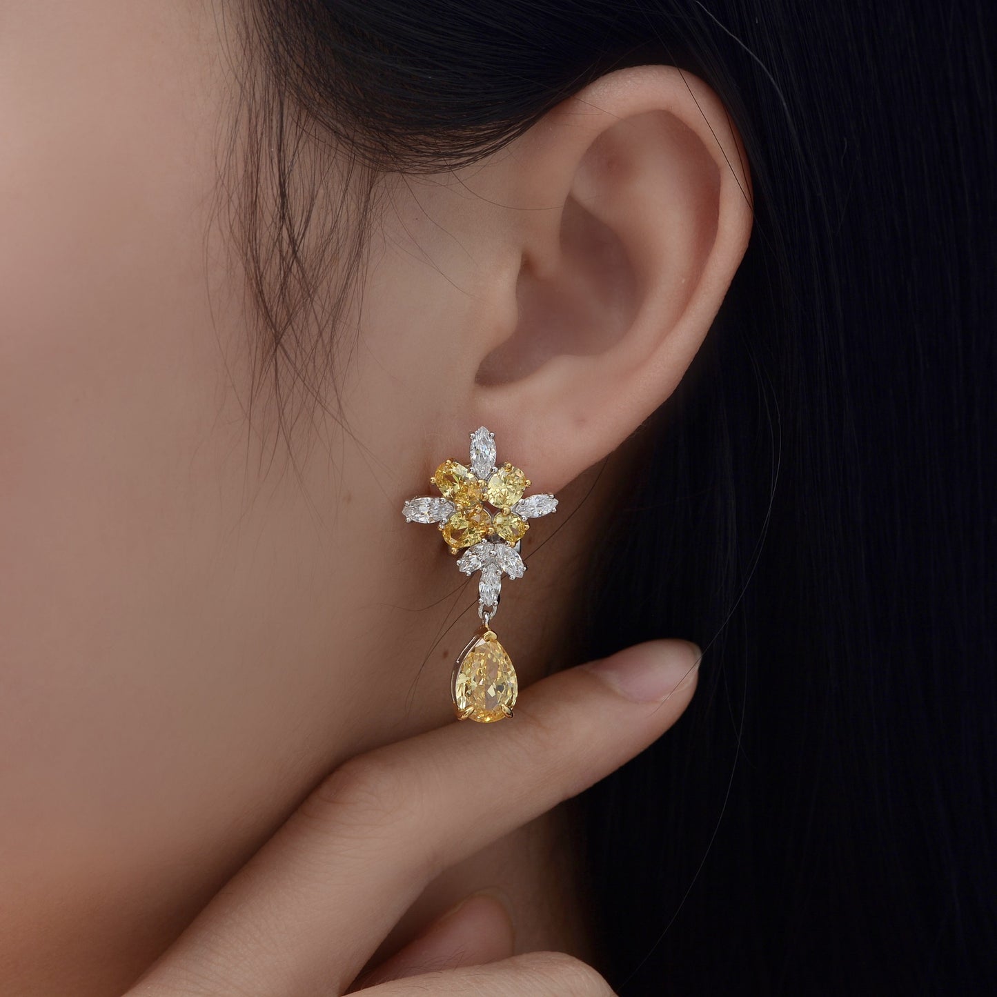 Water Drop Ice Flower Cut Yellow Diamond Stud Earrings