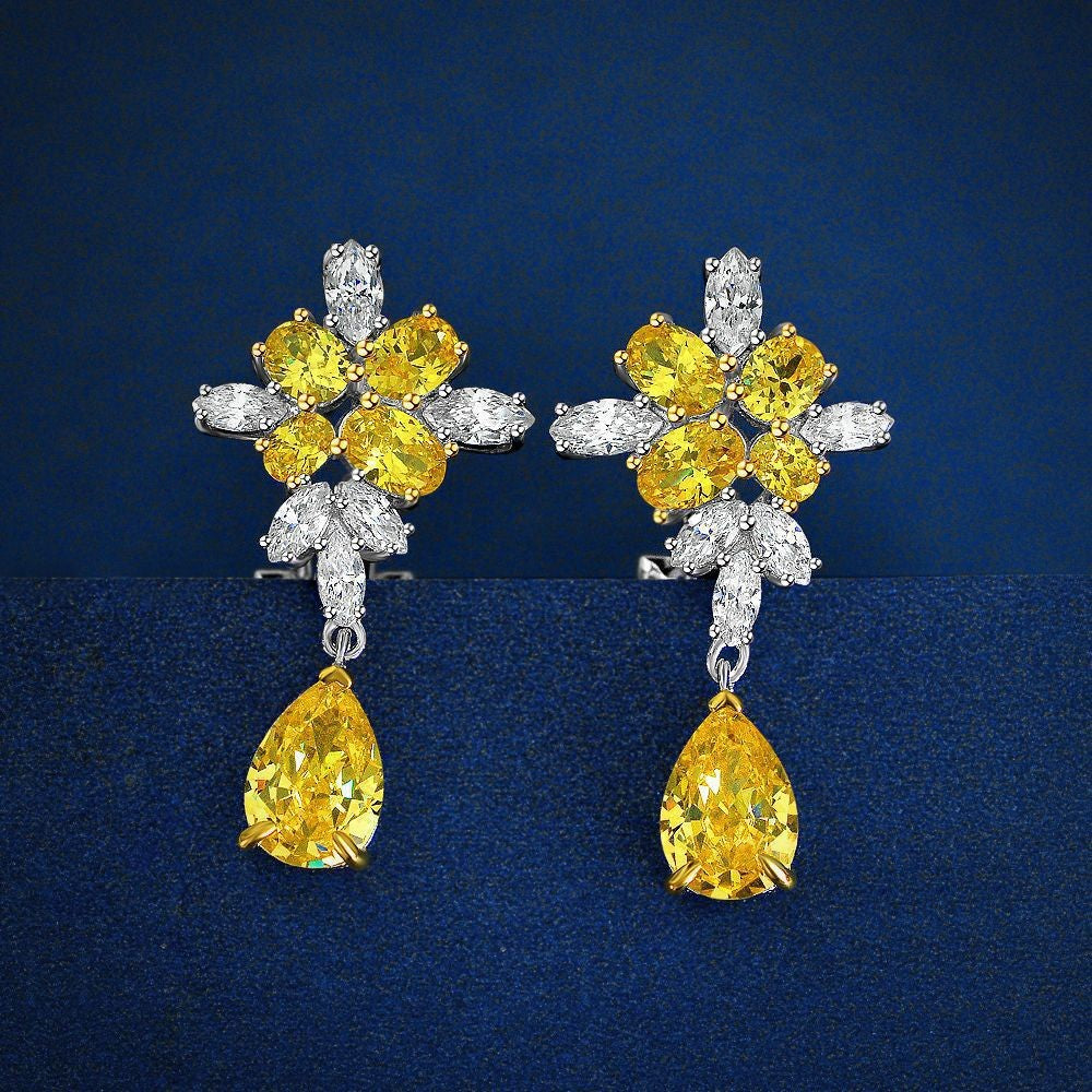 Water Drop Ice Flower Cut Yellow Diamond Stud Earrings