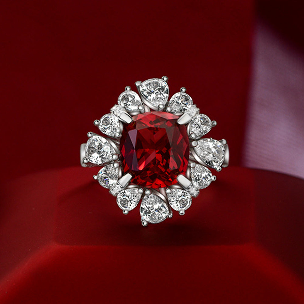 New simulated ruby 6 carat fat square luxury full diamond 925 sterling silver ring