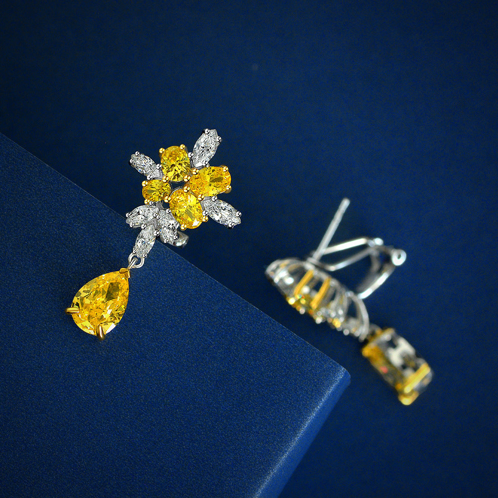 Water Drop Ice Flower Cut Yellow Diamond Stud Earrings