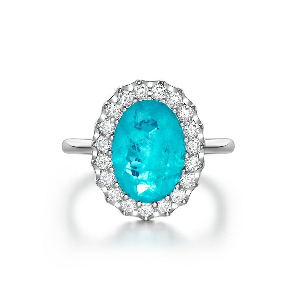 925 silver 5 carat synthetic Paraiba emerald egg-shaped high carbon diamond ring for women