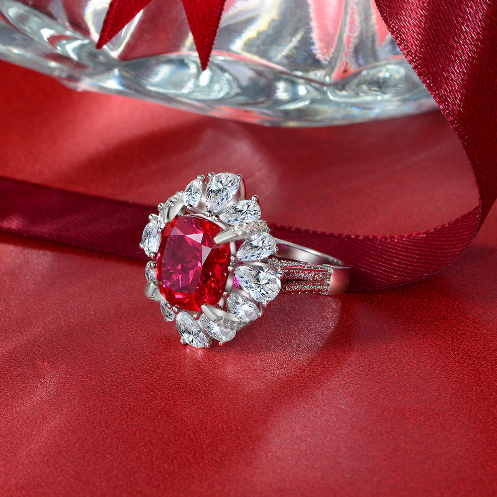 New simulated ruby 6 carat fat square luxury full diamond 925 sterling silver ring