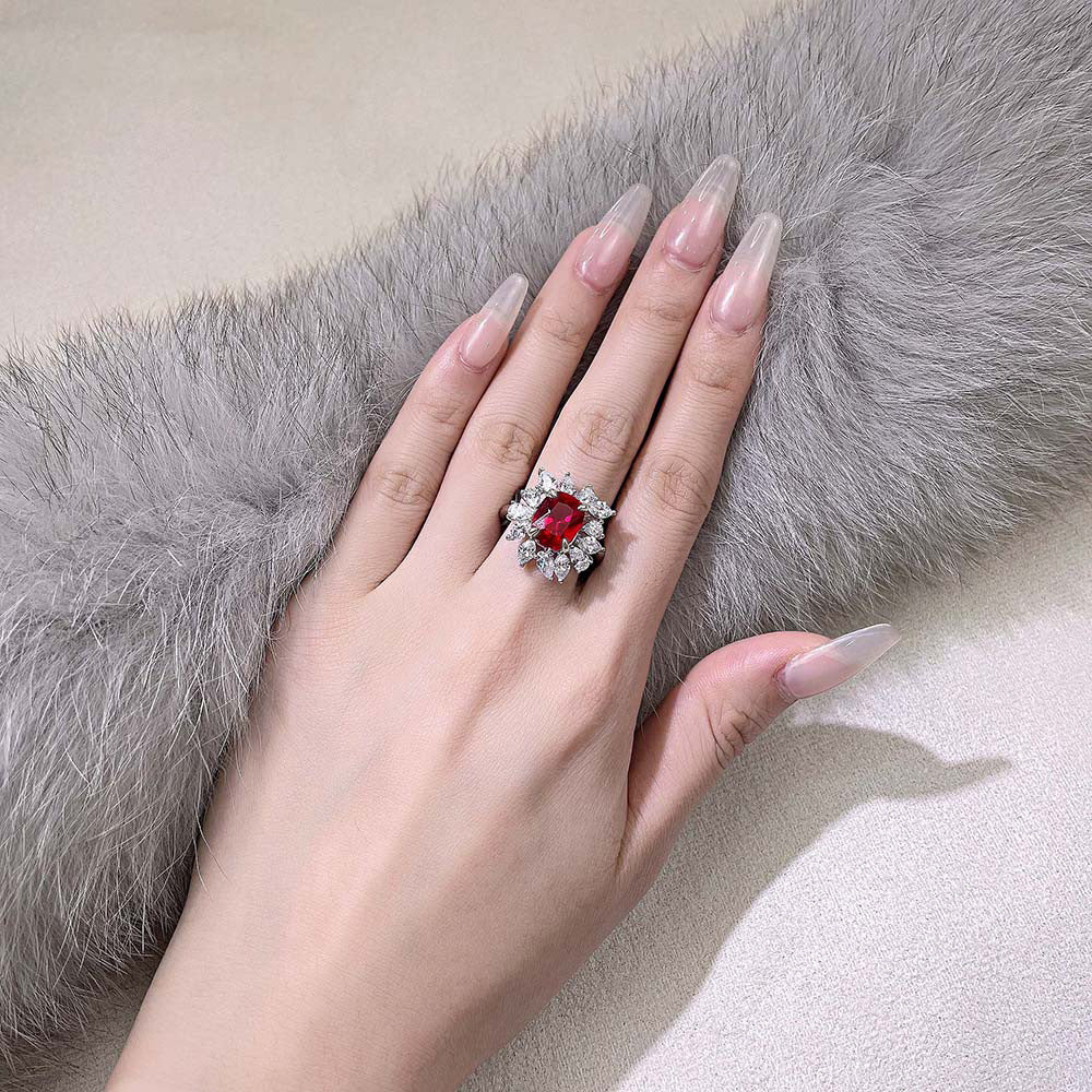 s925 silver 4ct ring 810 synthetic ruby European and American floral retro style female ring