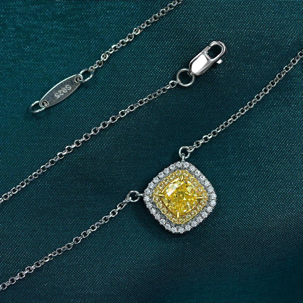 Cushion Ice Flower Cut Yellow Diamond Necklace