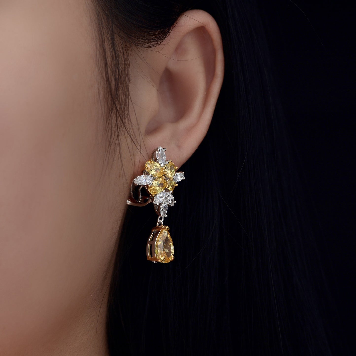 Water Drop Ice Flower Cut Yellow Diamond Stud Earrings