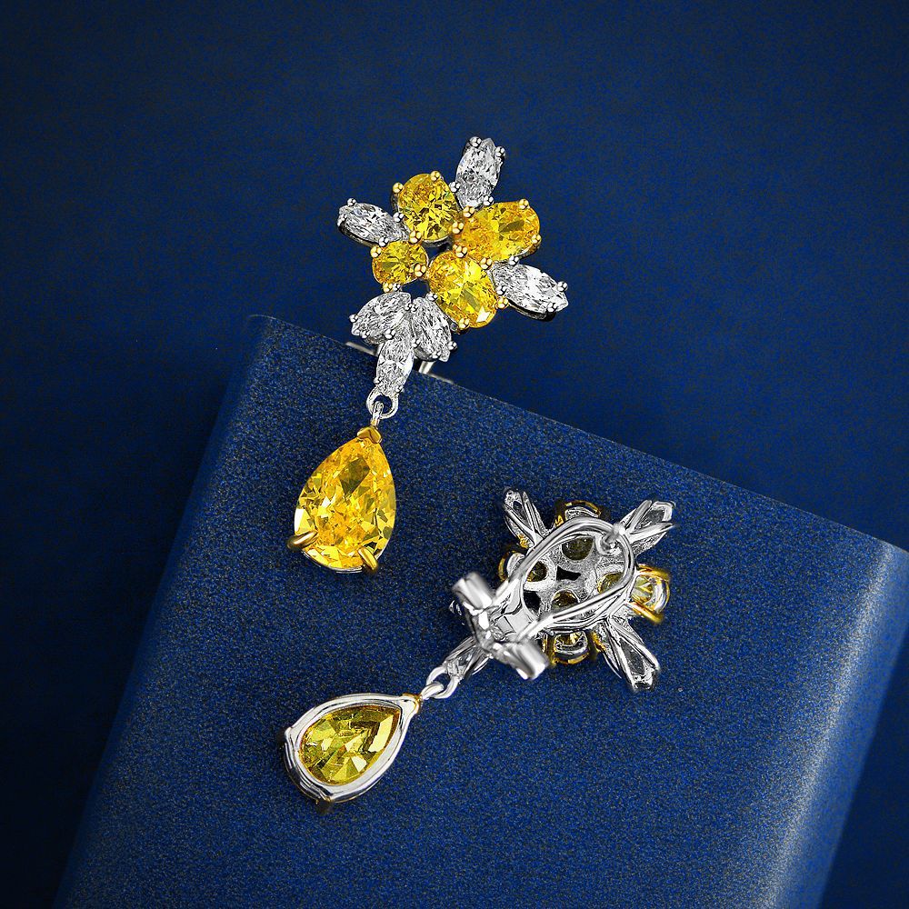 Water Drop Ice Flower Cut Yellow Diamond Stud Earrings