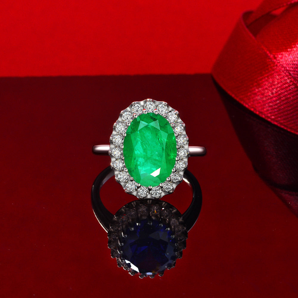 925 silver 5 carat synthetic Paraiba emerald egg-shaped high carbon diamond ring for women