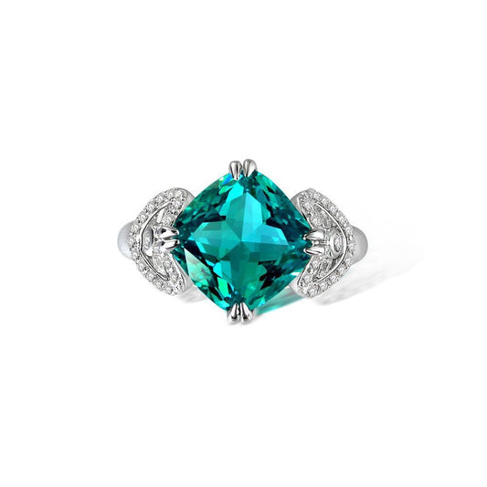 Green tourmaline color ring 5ct fat square high carbon diamond, beautiful and eye-catching European and American style 925 silver ring