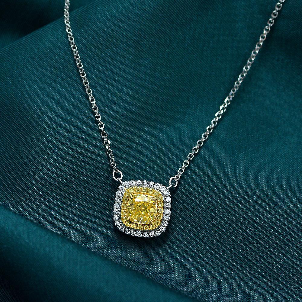 Cushion Ice Flower Cut Yellow Diamond Necklace