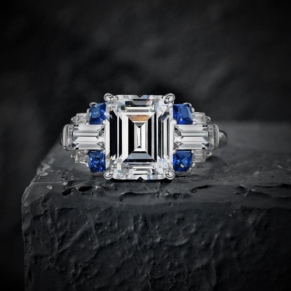 4 carat artificial sapphire rectangular ring high carbon diamond European and American retro light luxury ring