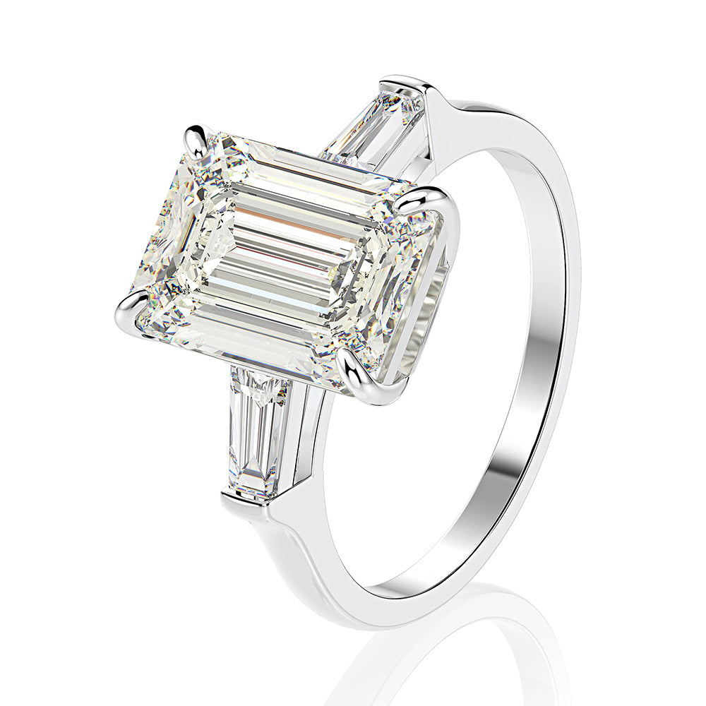 Rectangular chamfered flat simulated diamond 4 carat super flash s925 silver ring