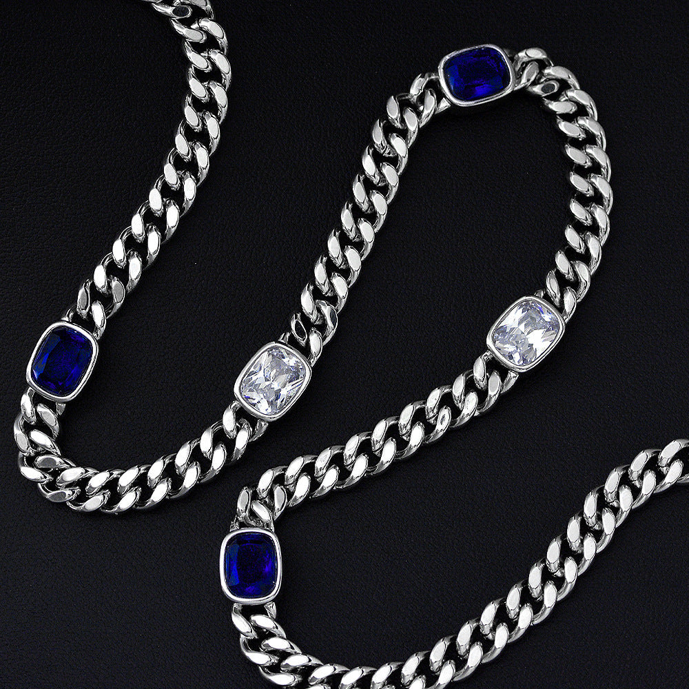 Fat Square Blue Corundum 2.5ct High Carbon Diamond Cuban Chain