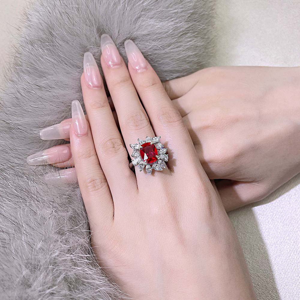 s925 silver 4ct ring 810 synthetic ruby European and American floral retro style female ring